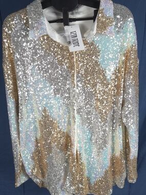NWT 12th Tribe Genevieve Sequin Button Up L Gold, Silver, Aqua